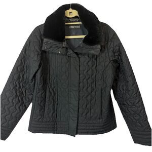 Marmot St Moritz Women’s Quilted Jacket Faux Fur Collar Black Medium Winter Ski